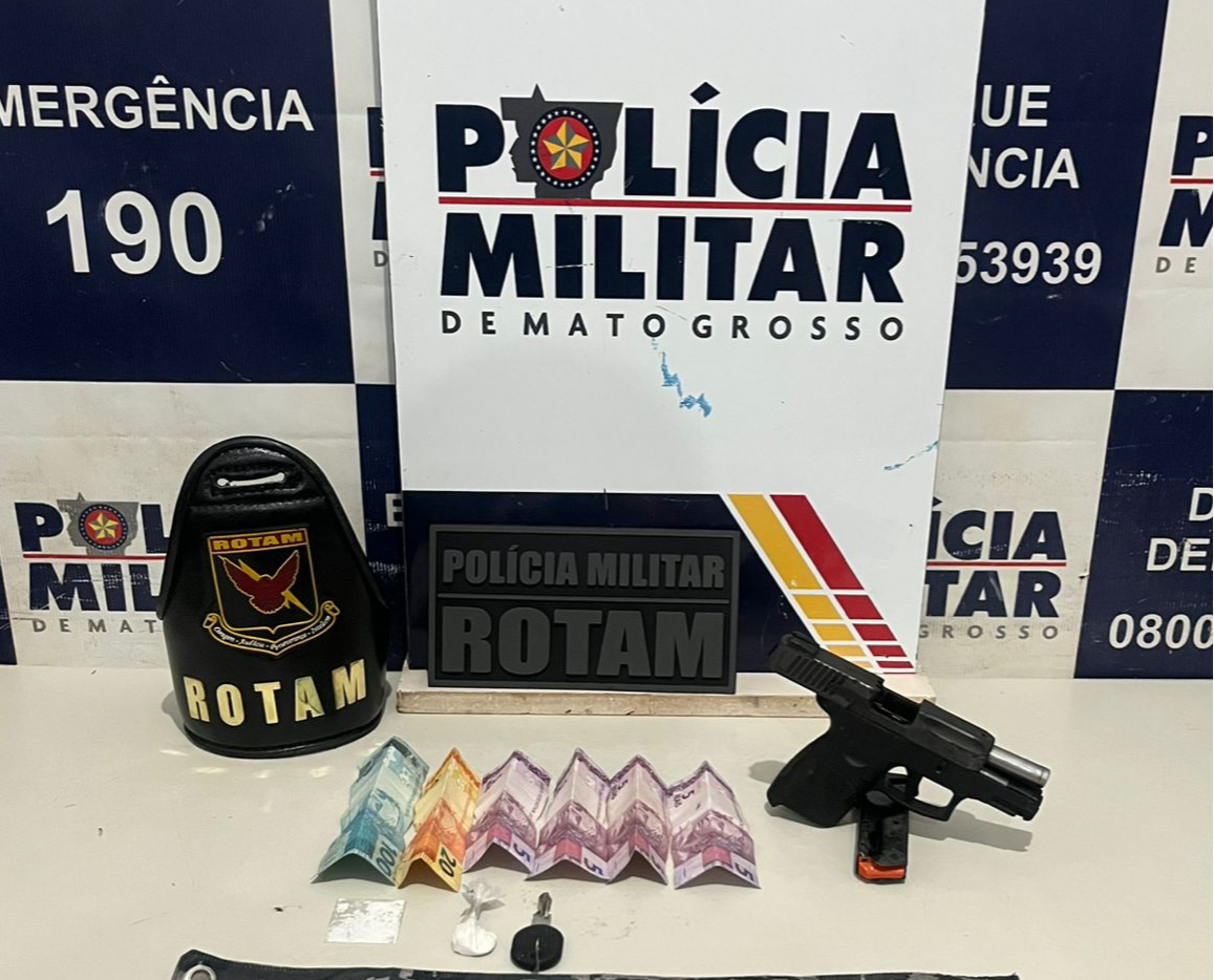 Rotam prende homem com pistola e porções de drogas em Cáceres